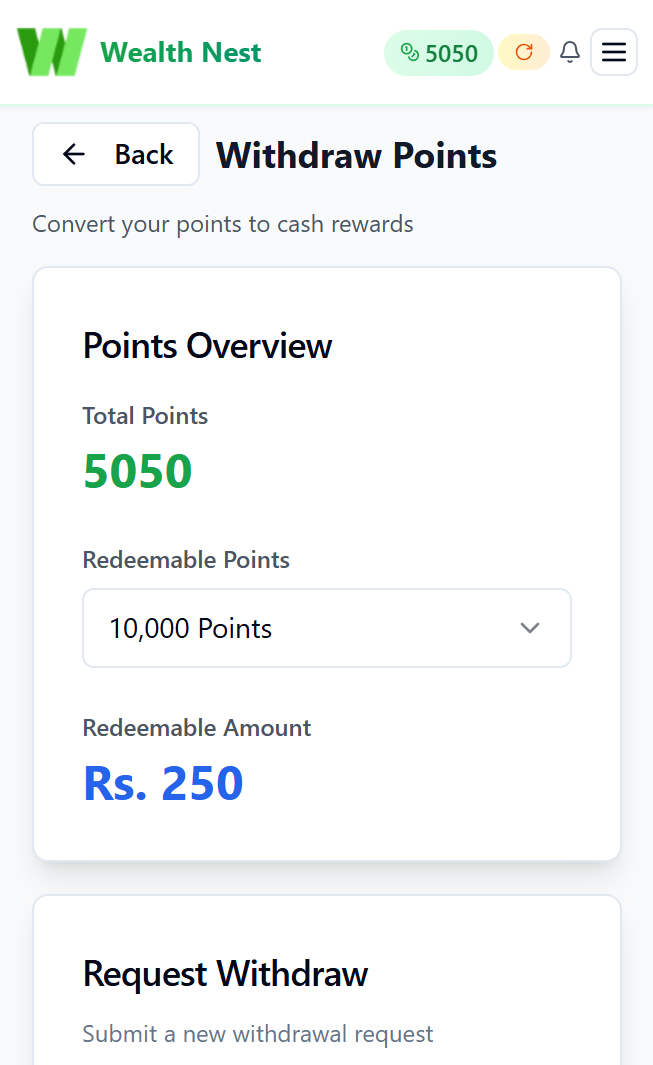 WealthNest worker dashboard showing points and rewards