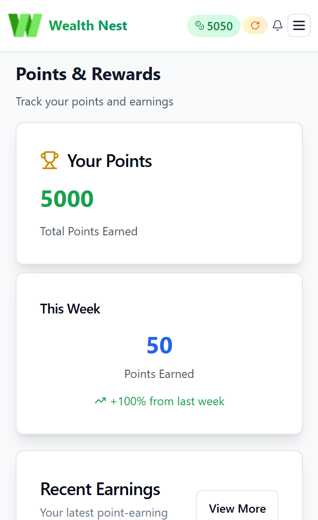 WealthNest worker dashboard showing points and rewards